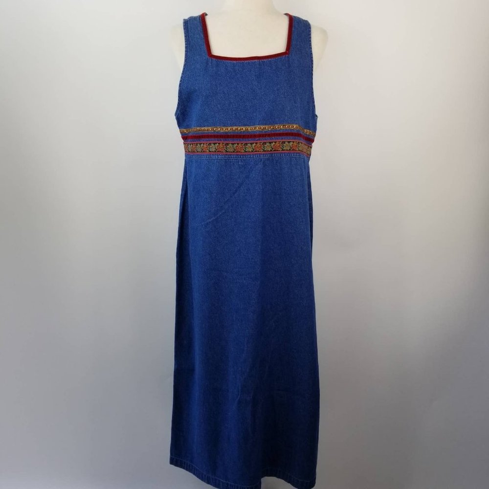 Erika & Co Blue Denim Gold Burgundy Ribbon Embellished Jumper Dress Size PM Side